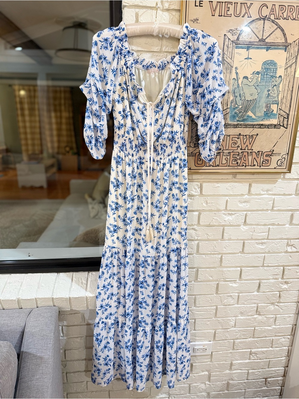 Smocked White Maxi Dress with Blue Floral Print